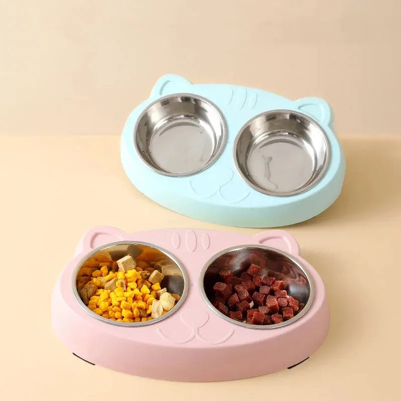 Blue macaron-shaped plastic pet feeder tray with two bowls for cat or dog food and water