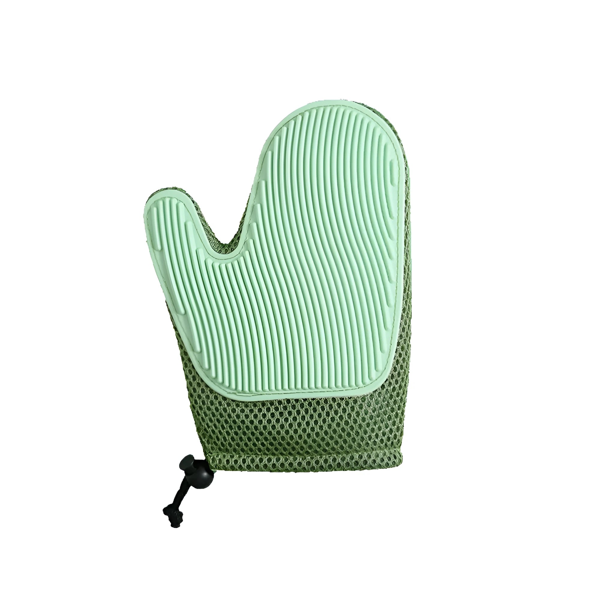 Right-handed pet hair removal glove in blue, green, or yellow for grooming dogs and cats.