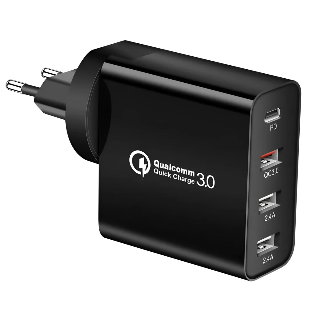 White multi-port fast charger with PD and QC support showing UK plug configuration