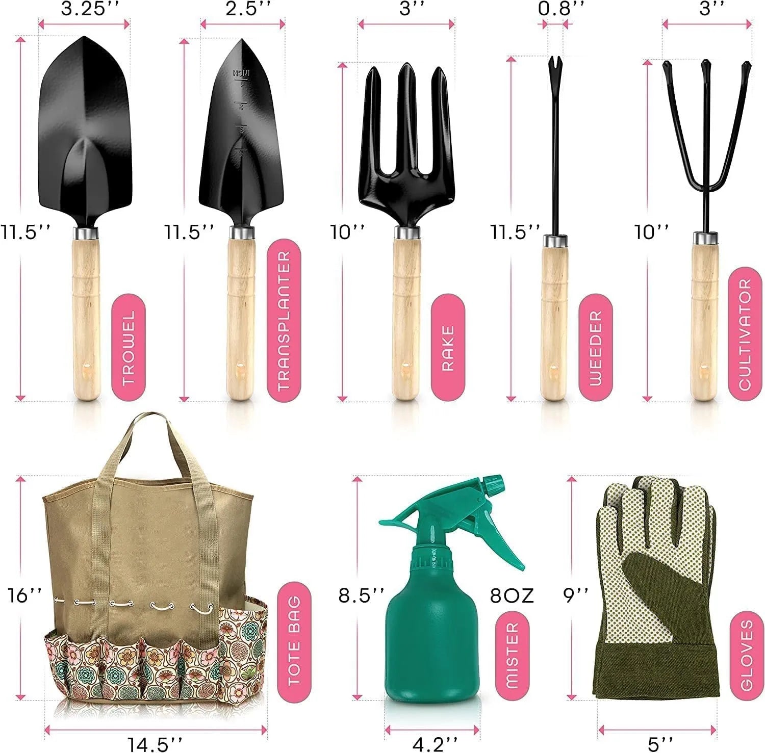 Stainless steel garden tool set with eight pieces including trowel, fork, and weeder on a garden soil background.