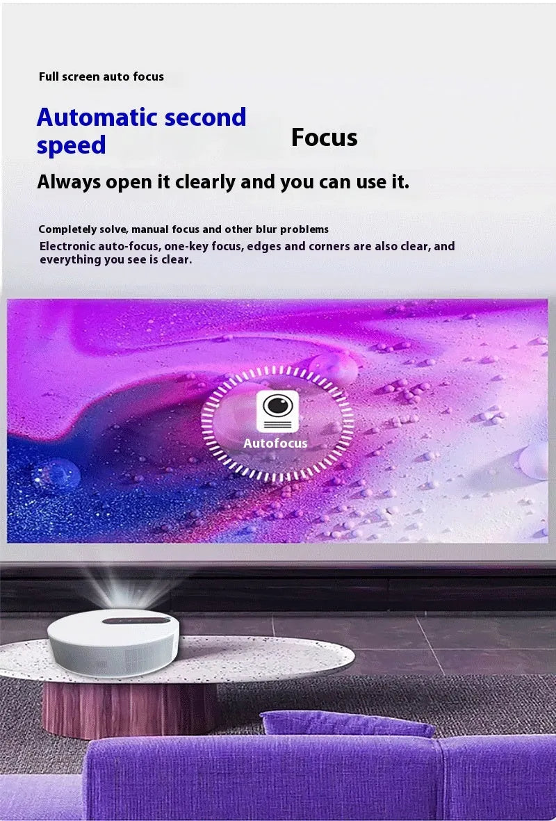 White HD 720p home projector with remote control on table