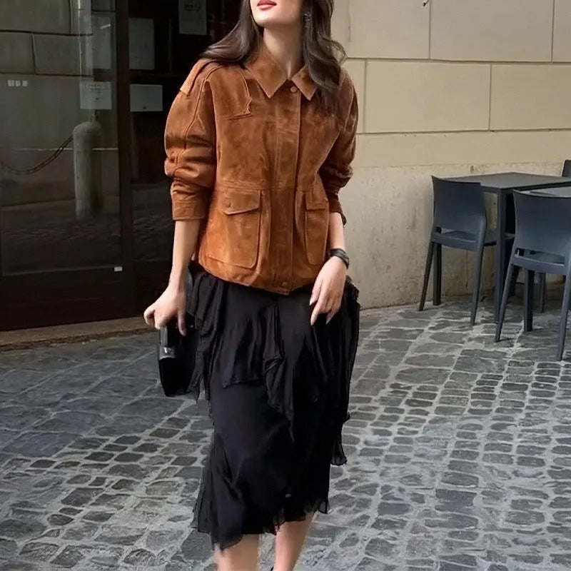Women's bright brown suede-effect polyester coat with regular sleeves on hanger