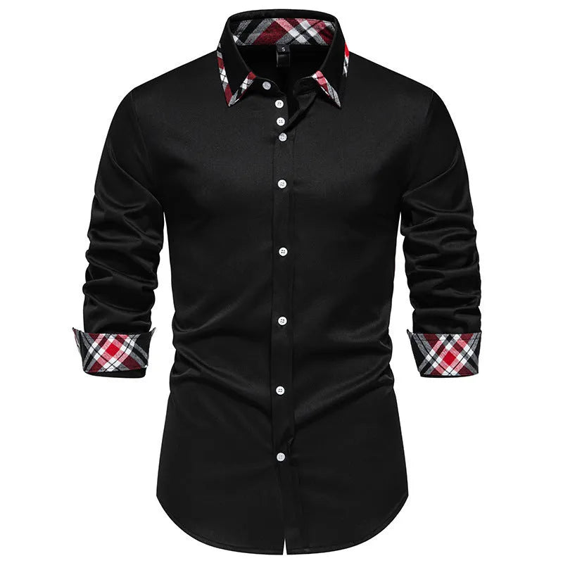 Man wearing a blue plaid long sleeve shirt with a triangle collar
