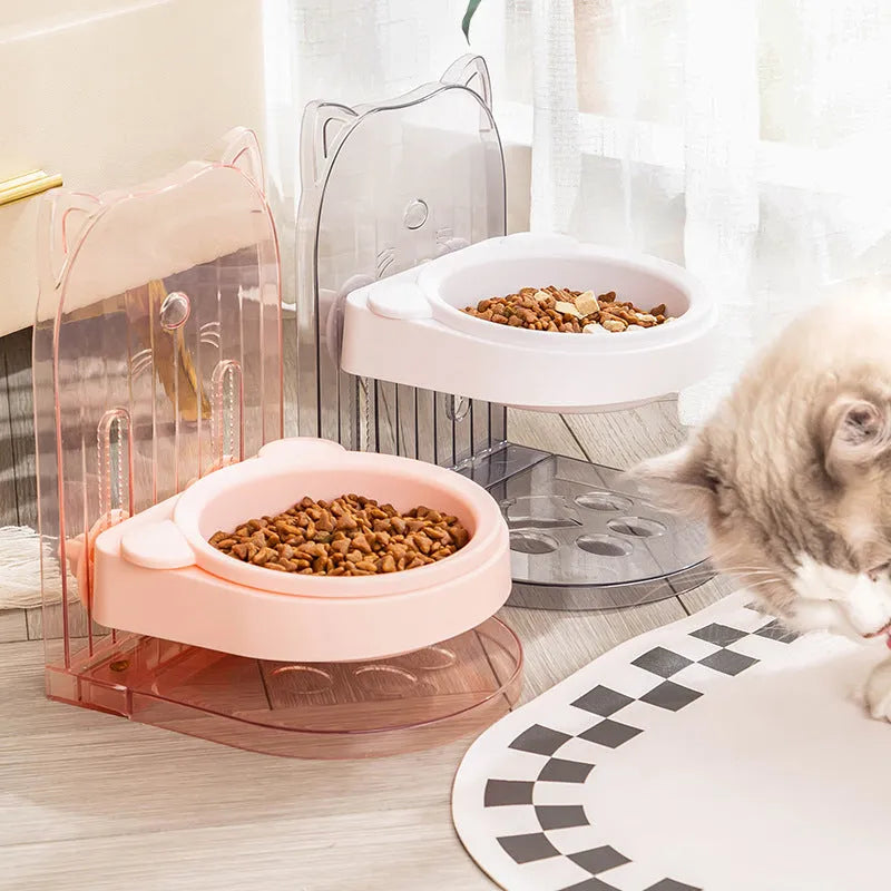 Adjustable height cat feeding bowl with neck protection and anti-spill design in grey colour