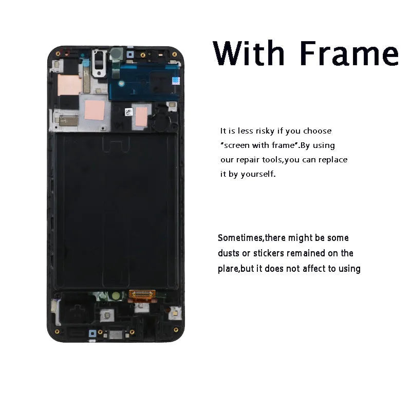 Samsung Galaxy A50 black OLED screen assembly with adhesive and repair tools laid out.