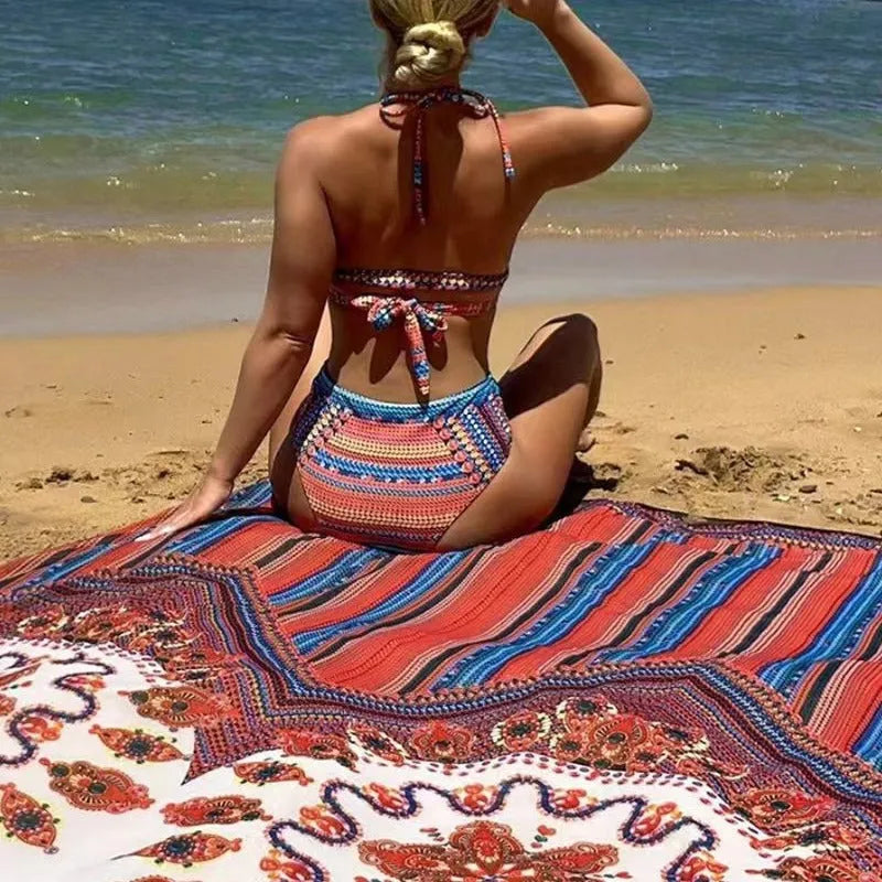Women's three-piece swimsuit set with a cutout sleeveless top, high-waist briefs, and a matching coat.
