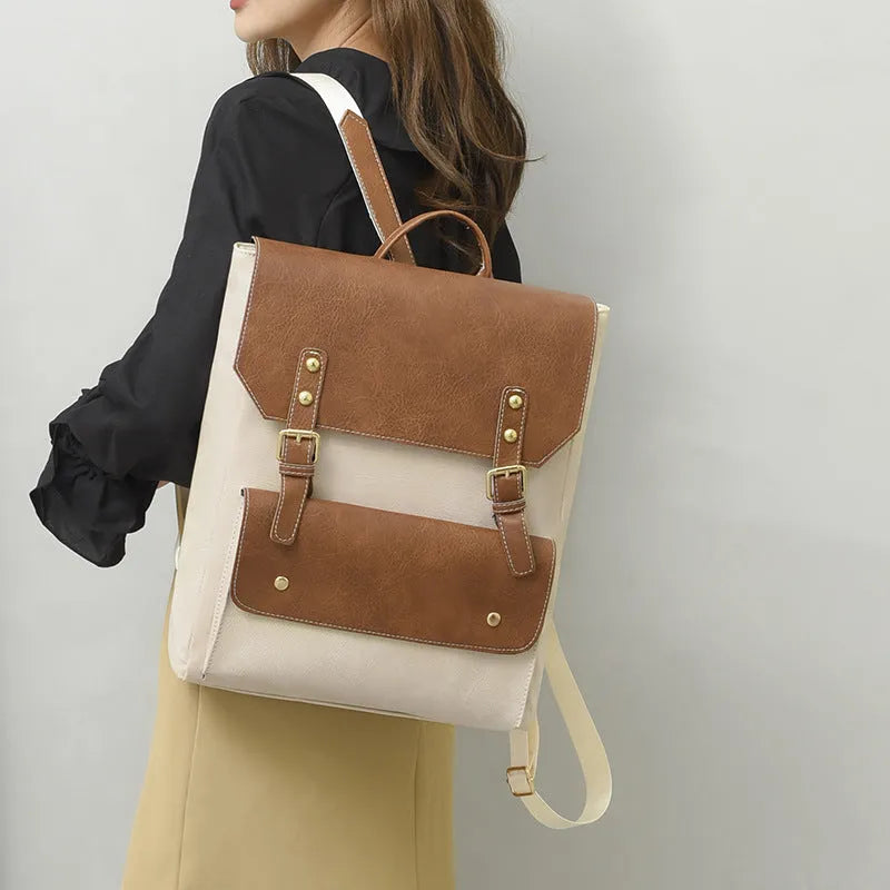 Korean style soft PU retro backpack shown in black, brown, creamy white, and dark brown colours.