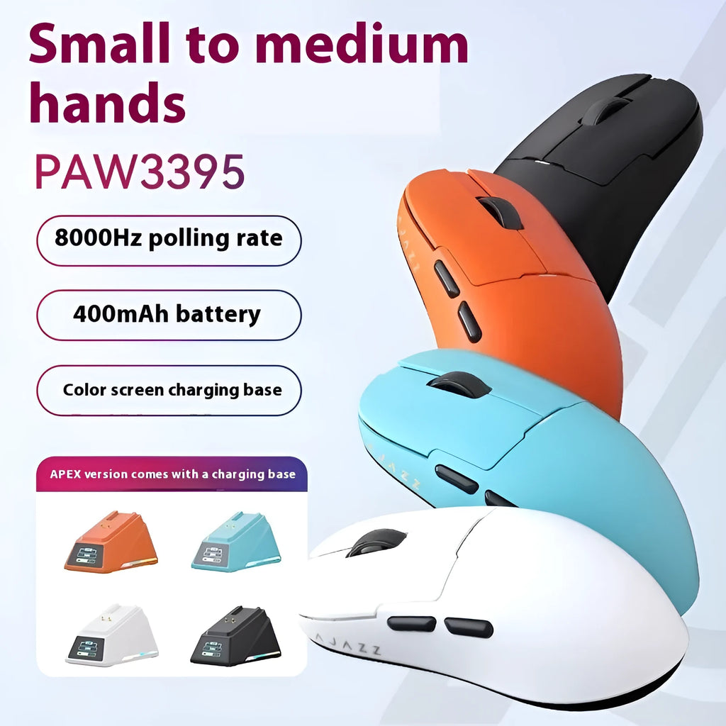 Small white gaming mouse with three connectivity options shown on gaming desk