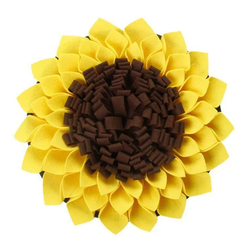 Yellow sunflower-shaped dog snuffle mat with fabric folds for hiding treats.