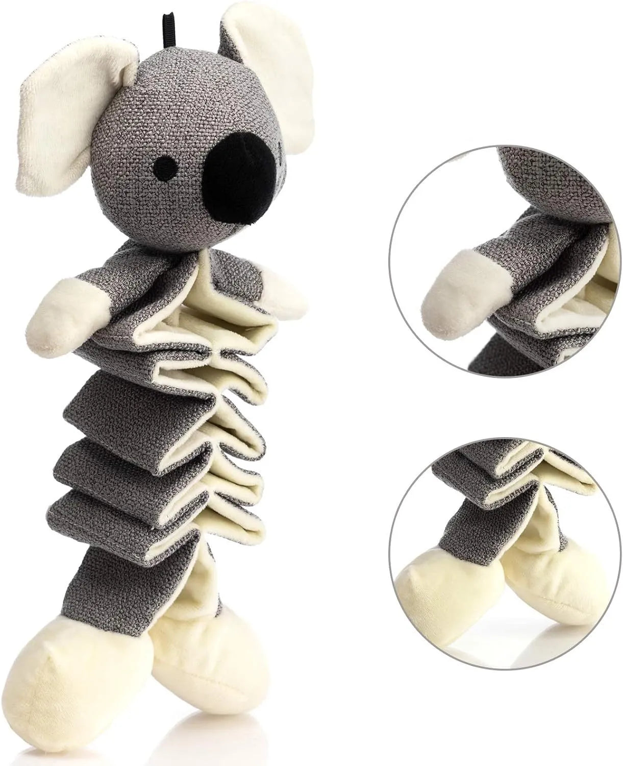 Gray koala squeaky dog toy with crinkle paper, measures 30cm long, for small medium large dogs