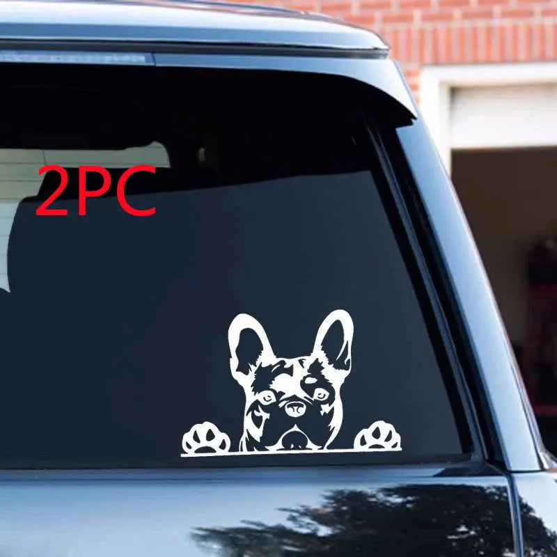 Two reflective dog pattern car stickers in black white and colourful, 15.6x10.4 cm, for rear window scratch cover