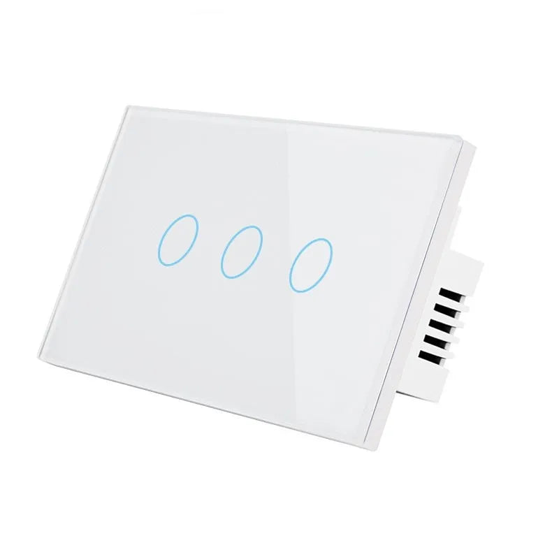 2-gang wireless RF remote touch light switch with tempered glass panel in black, white, or gold