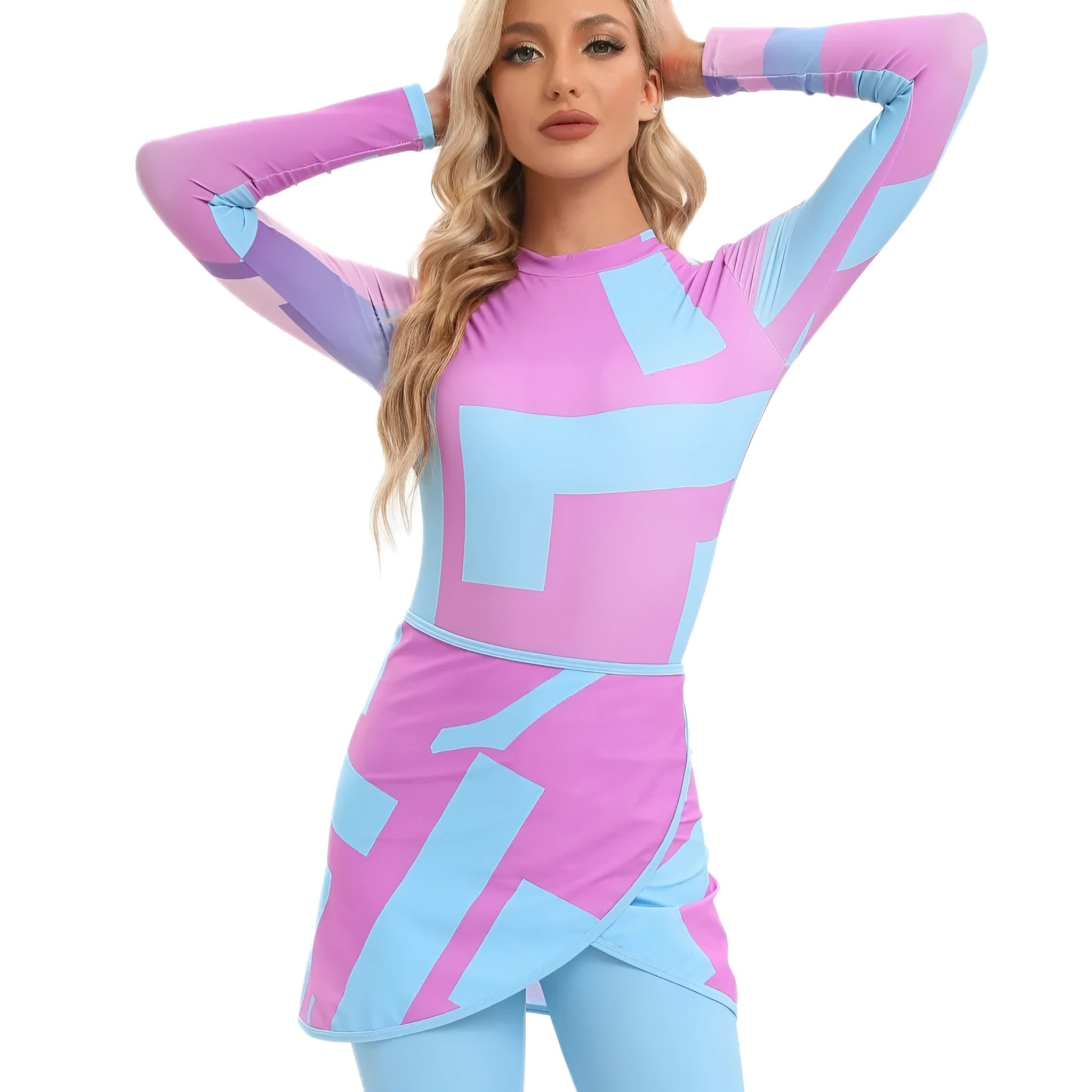 Muslim conservative beach swimsuit three-piece set with apron in blue Sapphire colour