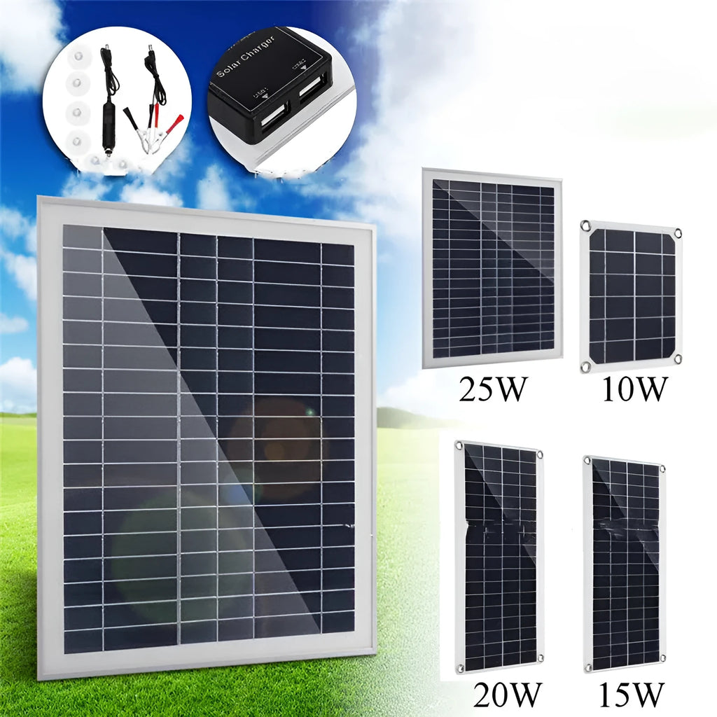 Portable solar panel with dual USB ports for outdoor device charging.