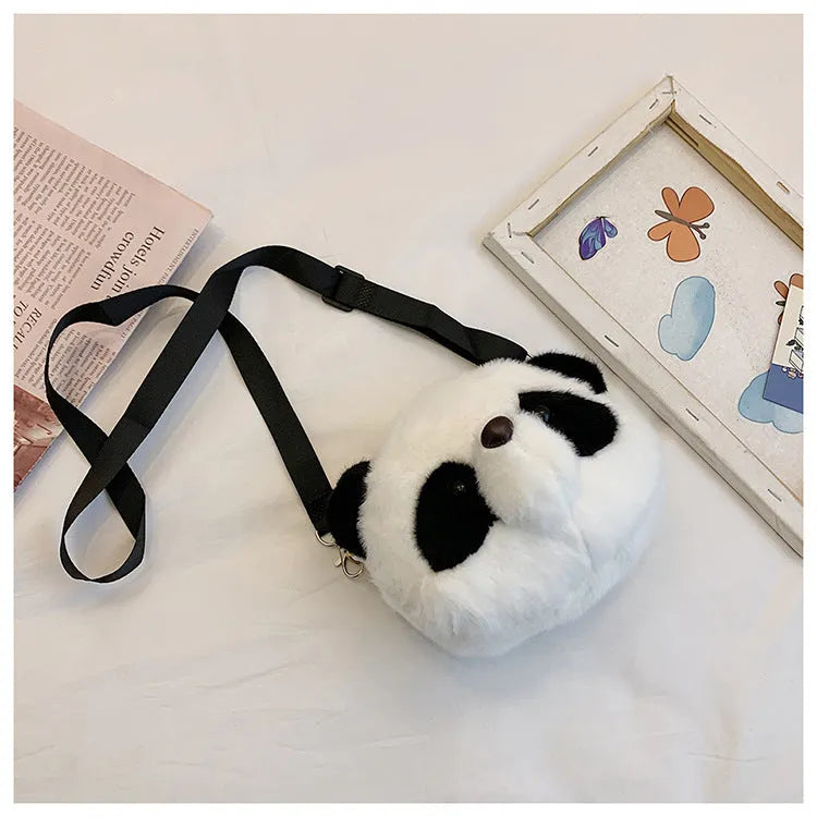 Soft plush cylindrical crossbody bag with panda head design showing 18cm dimensions