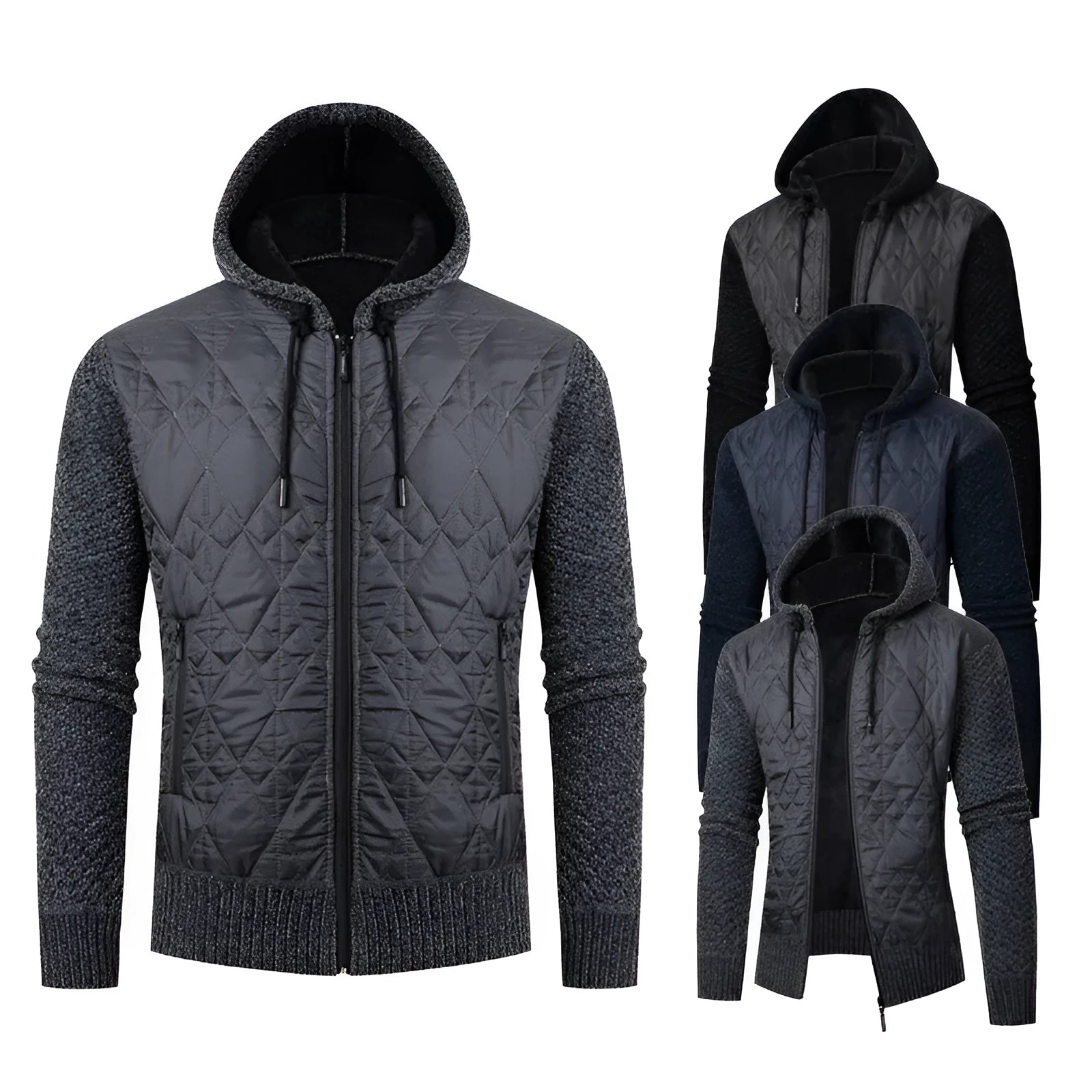 A grey men's hooded cardigan coat in wool and corduroy fabric with a cinched waist.