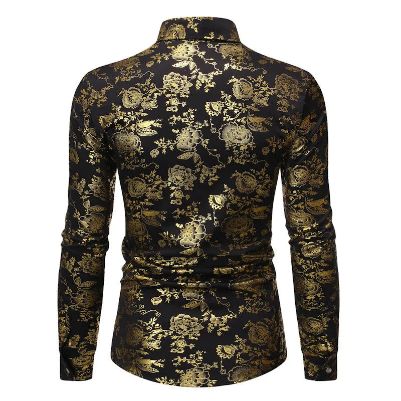 Men's casual shirt with metal bronzing printed lapel design in polyester fabric