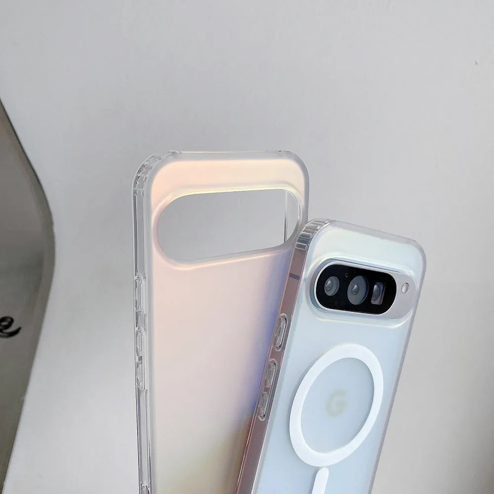 Laser patterned colourful transparent matte phone case for Google smartphones with magnetic feature.