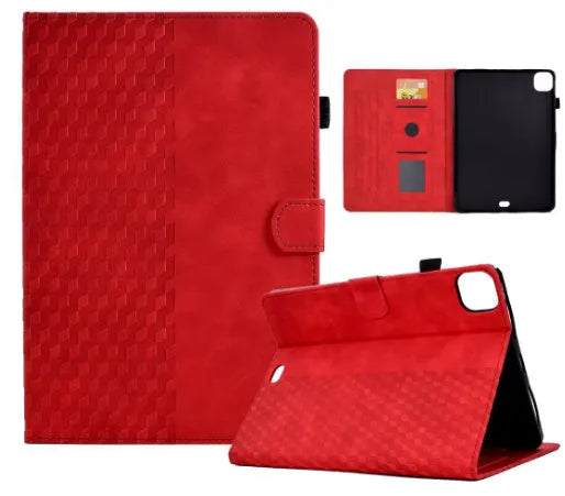 iPad Pro 11 leather case with card holder in diamond embossed green pattern, showing stand function.