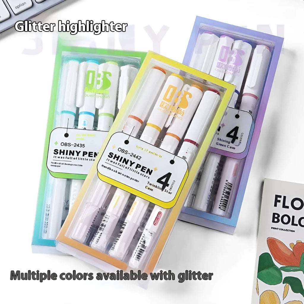 Set of four Sparkling Star River glitter highlighter pens in pastel colours with slanted tips.