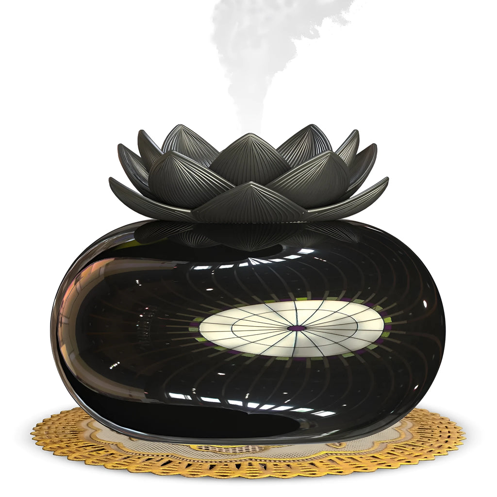 Pure black Lotus ultrasonic aromatherapy humidifier with USB cable and round design.