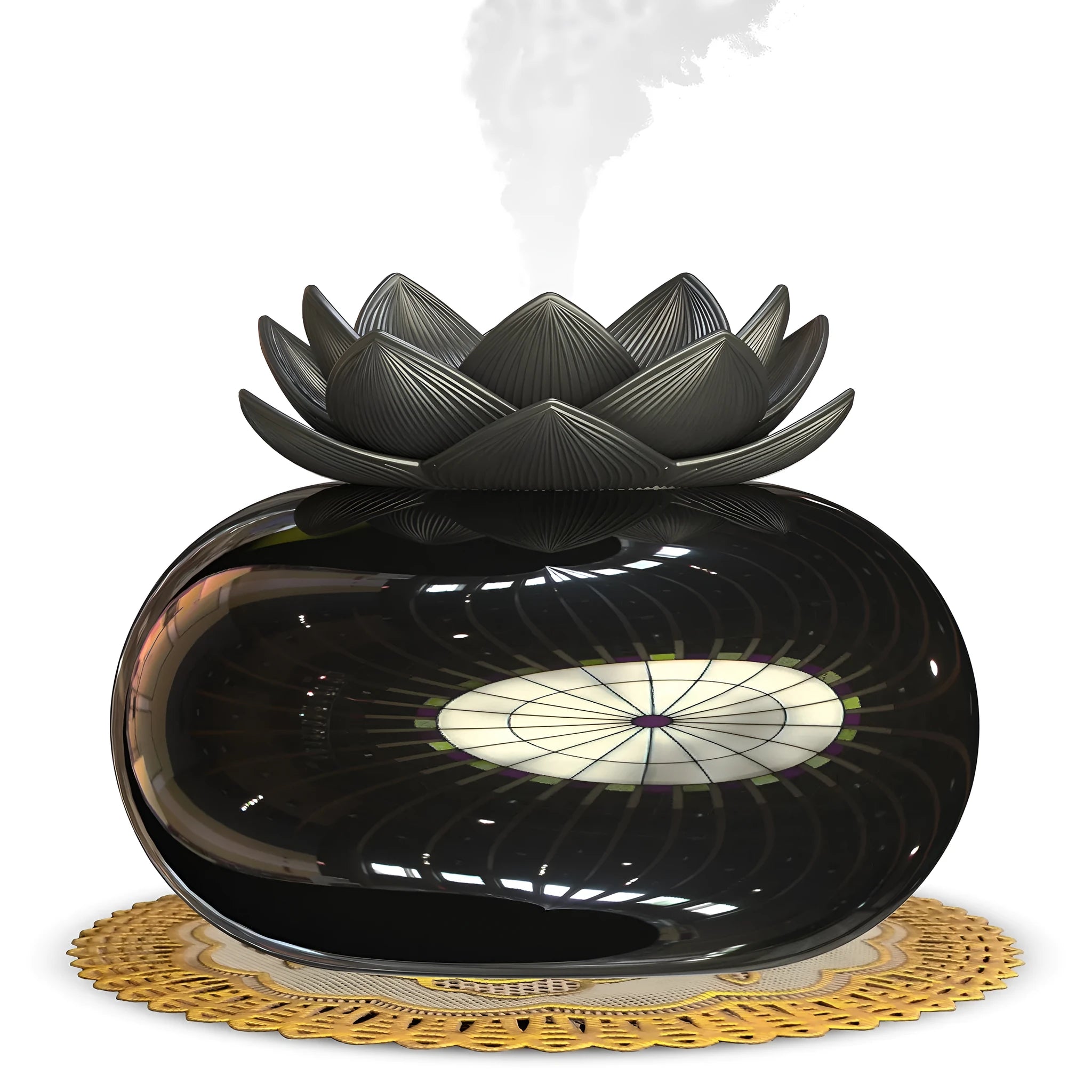 Pure black Lotus ultrasonic aromatherapy humidifier with USB cable and round design.