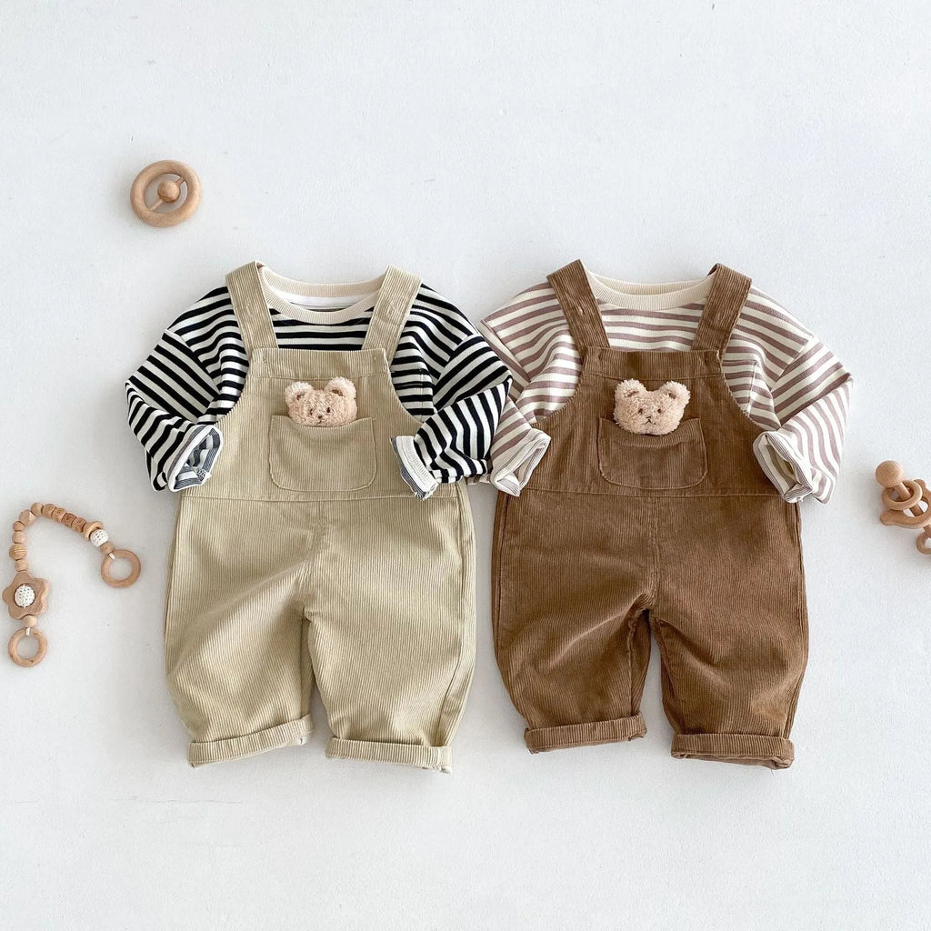 Boys' corduroy cotton bear suspender overalls in apricot solid colour spring autumn wear