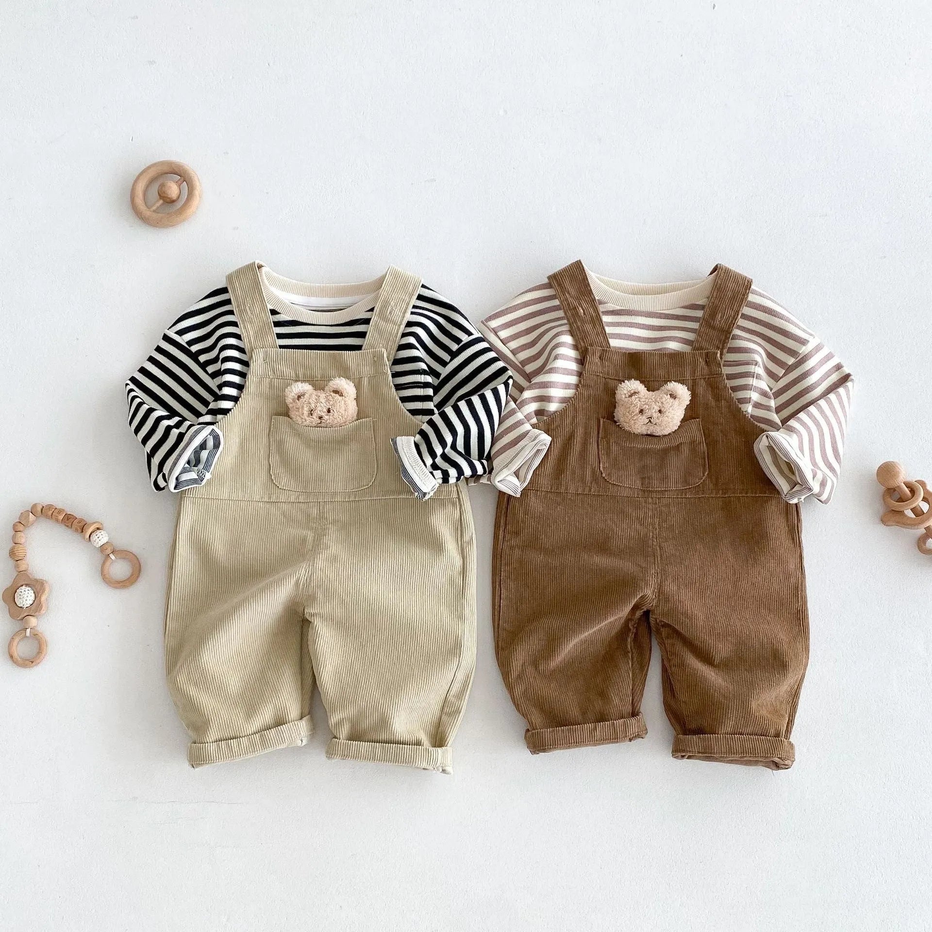 Boys' corduroy cotton bear suspender overalls in apricot solid colour spring autumn wear