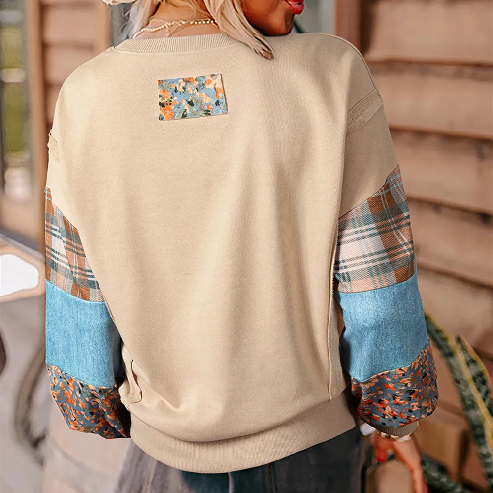 Women's loose plaid stitching long-sleeved top in beige, showcasing Japanese-Korean casual style.