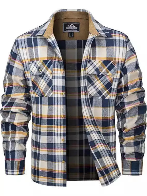 Men's flannel button shirt showing plaid pattern in multiple colour options with button-front design