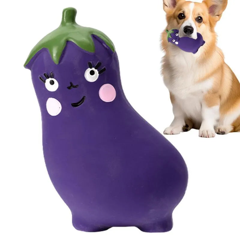 Green, orange, and purple latex vegetable dog chew toys with cartoon onion and eggplant designs