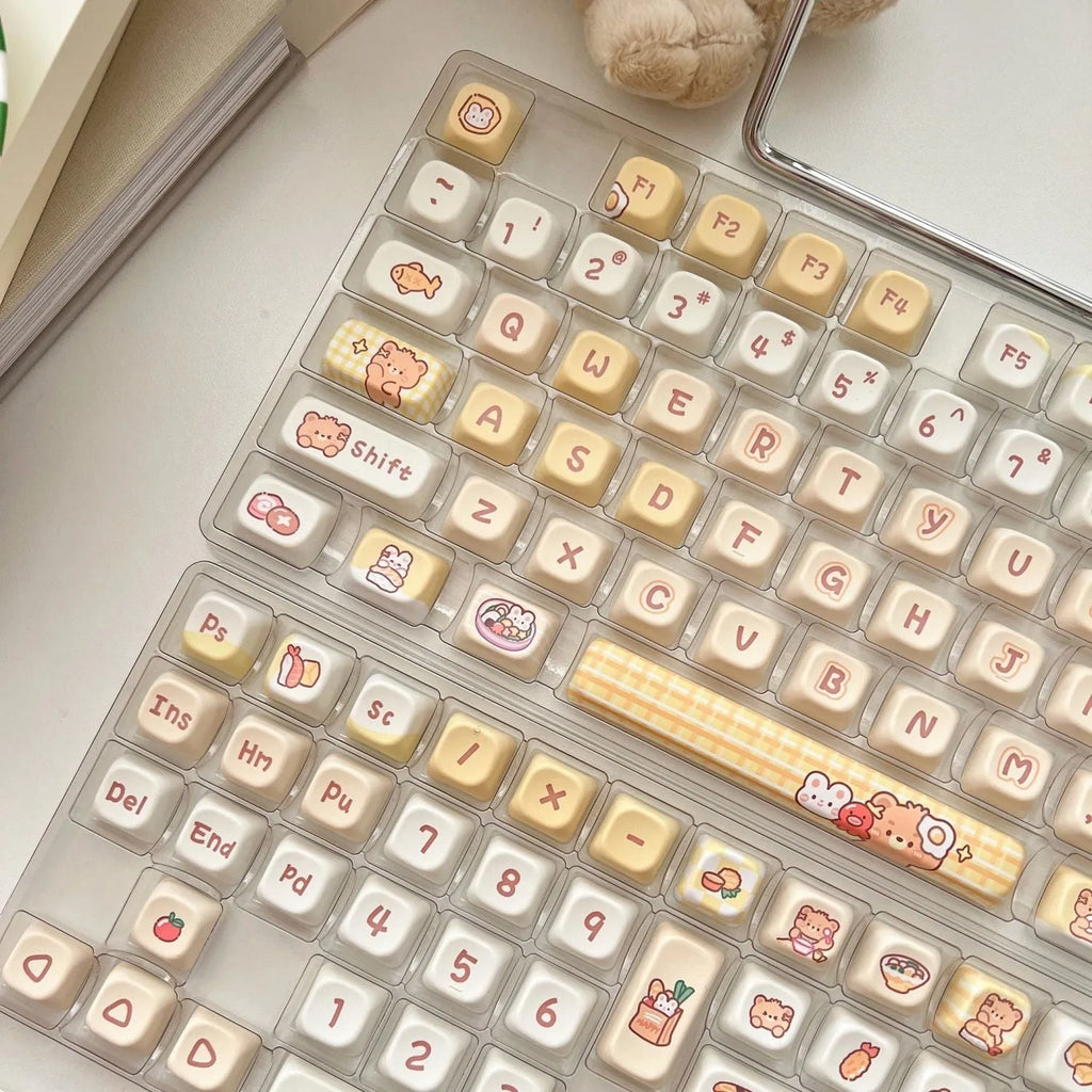 Rabbit bear restaurant themed PBT keycap set with 140 pieces in EOA height profile