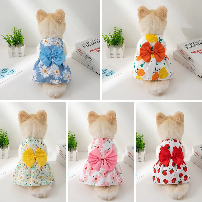 Orange floral butterfly pet dress with a bow on a dog, showing thin summer clothing.