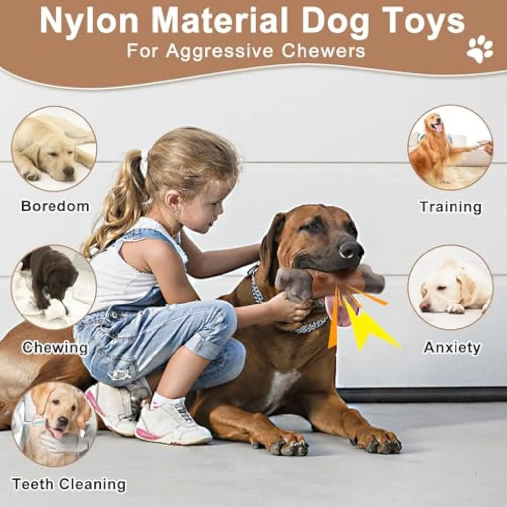 Nylon dog chew toy with bacon flavour and squeaker for aggressive chewers