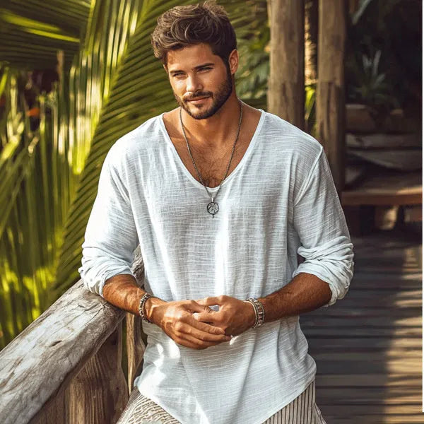Beige V-neck long-sleeved slim fit T-shirt made from hemp blend polyester fabric
