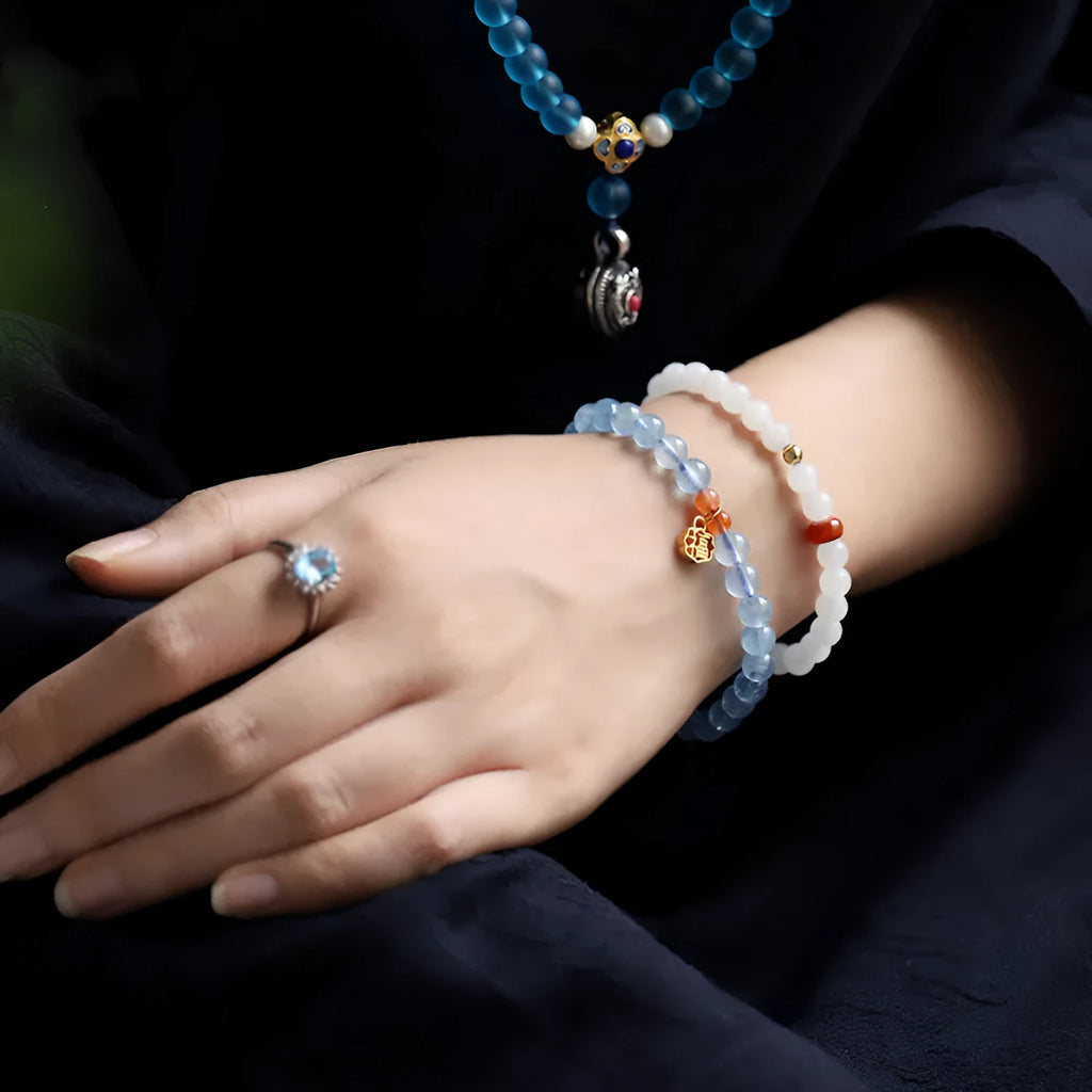 Women's natural ice transparent aquamarine crystal blessing card bracelet with 8mm round beads.