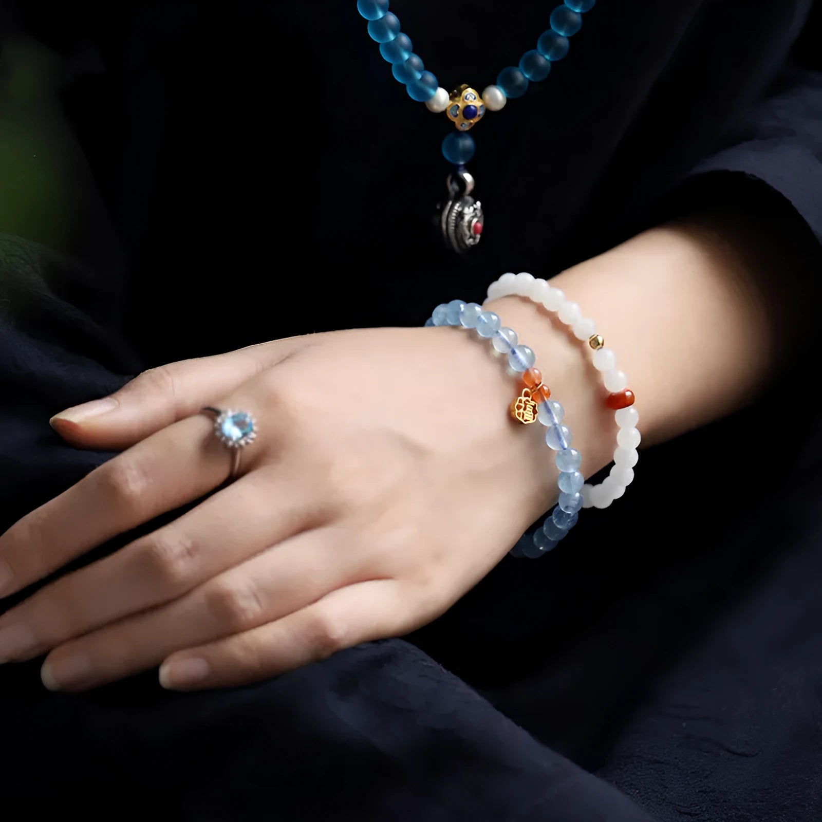 Women's natural ice transparent aquamarine crystal blessing card bracelet with 8mm round beads.