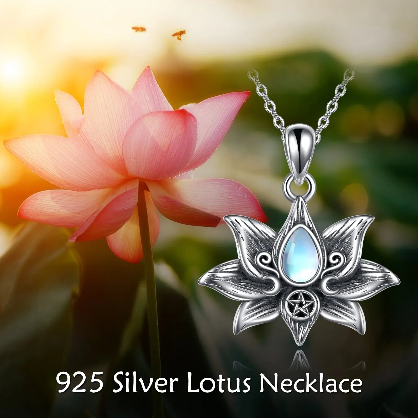 Sterling silver moonstone lotus flower pendant necklace, retro silver finish, teardrop moonstone, calendered O-chain