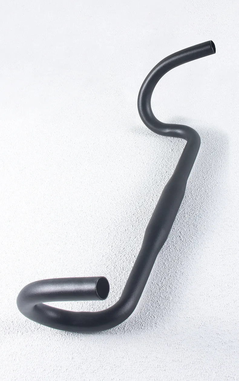 Black aluminium alloy road bike bent handlebar, 420mm wide with 31.8mm clamp.
