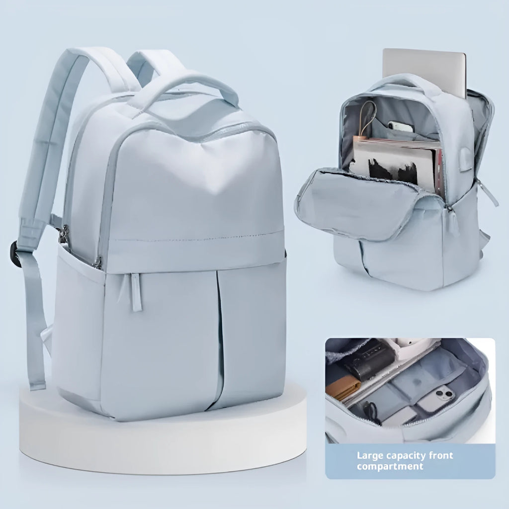 Nylon travel computer backpack with vertical square shape, zipper closure, and double-joint shoulder straps in green on white background