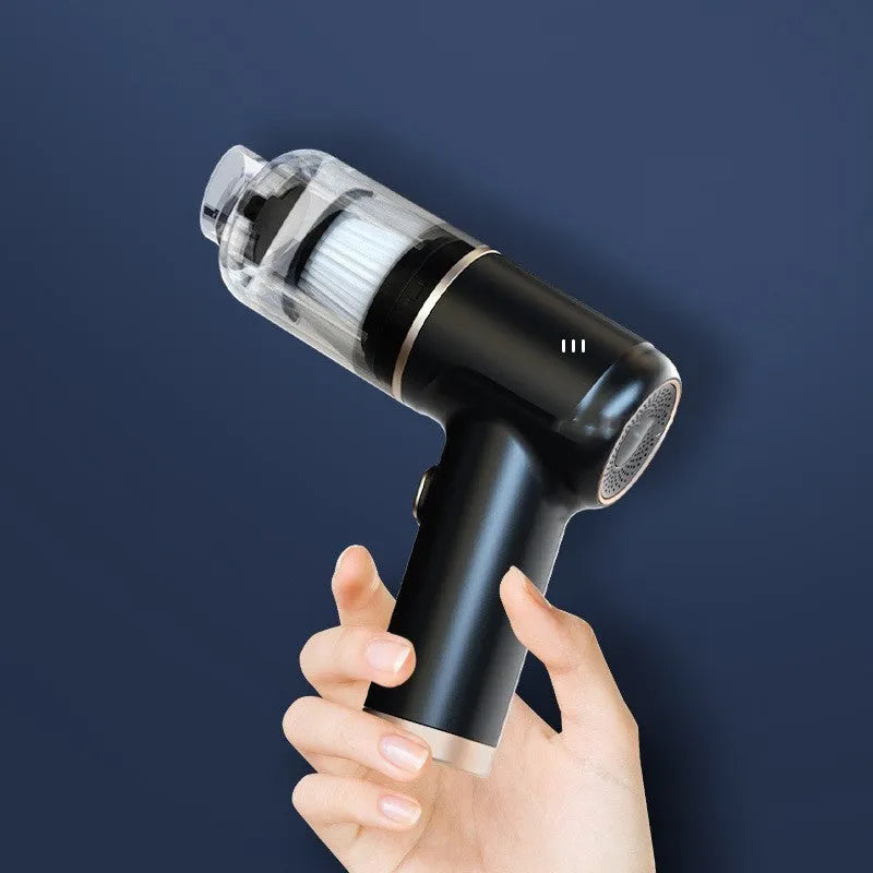 Black wireless handheld car vacuum cleaner with multiple nozzle attachments on a white background.