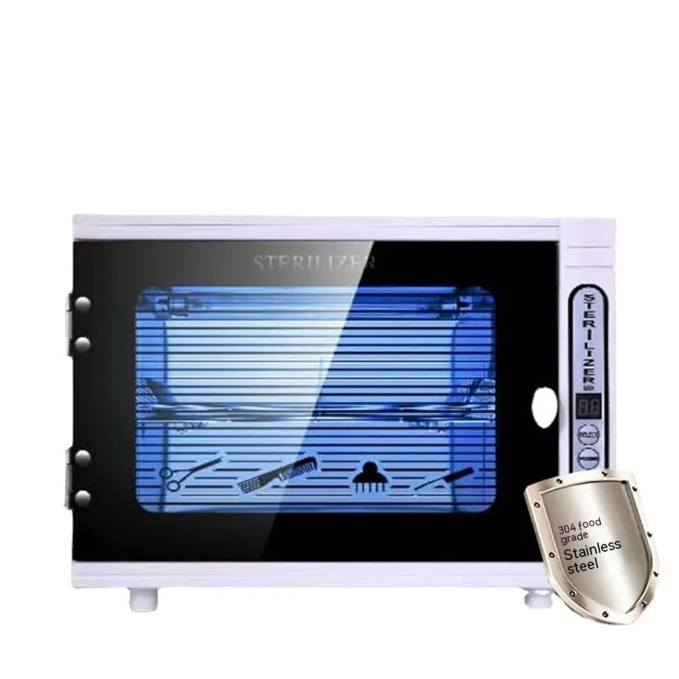 Silver compact UV sterilizer with stainless steel interior for professional beauty and barber salon tool sanitation