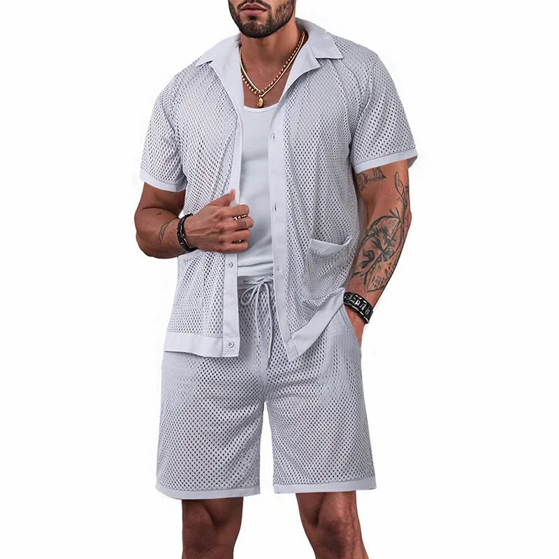 Women's two-piece beach cover-up shorts suit with short sleeves in lake blue colour