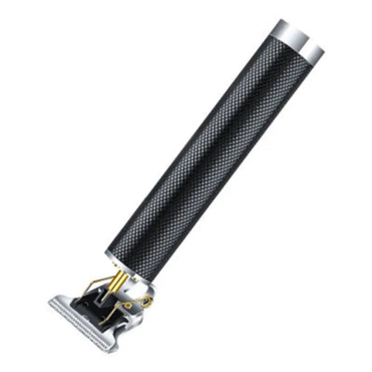 Black rechargeable electric hair clipper with four comb attachments and cleaning brush on a white background.