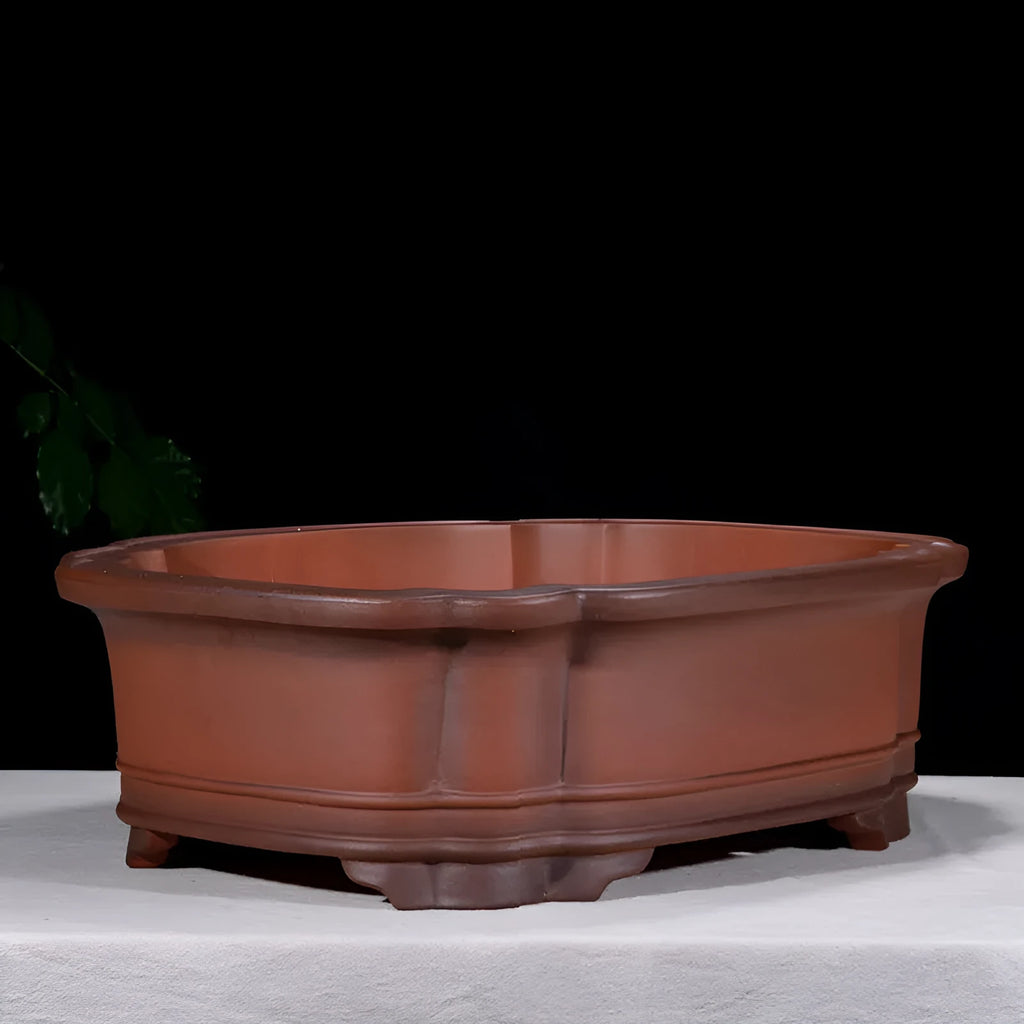 Antique finish Chinese style purple clay rectangular flowerpot measuring 71cm long, 54cm wide, and 23cm high.