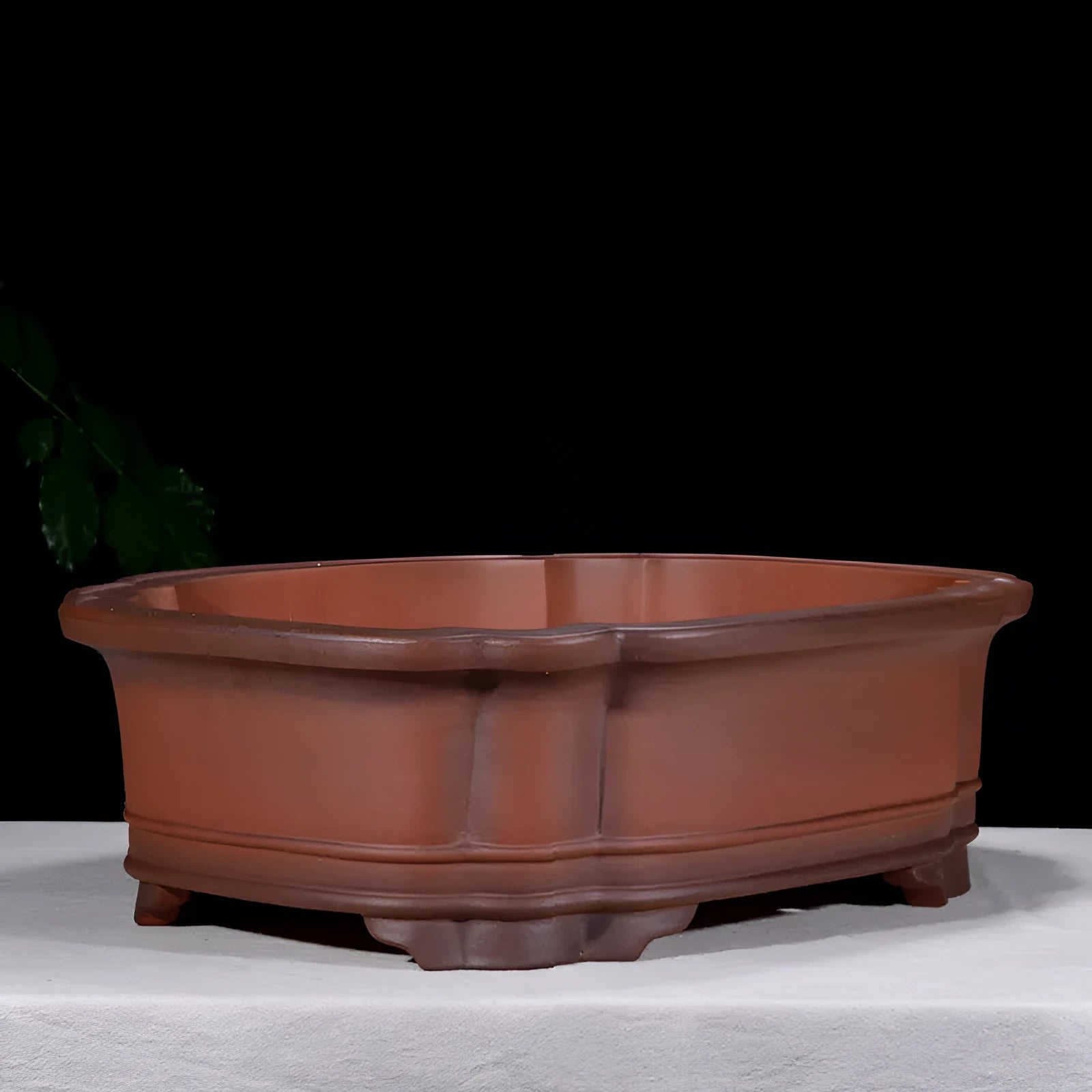 Antique finish Chinese style purple clay rectangular flowerpot measuring 71cm long, 54cm wide, and 23cm high.