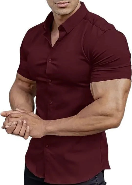 Men's printed short sleeve casual shirt with collar in multiple colour options showing cardigan style