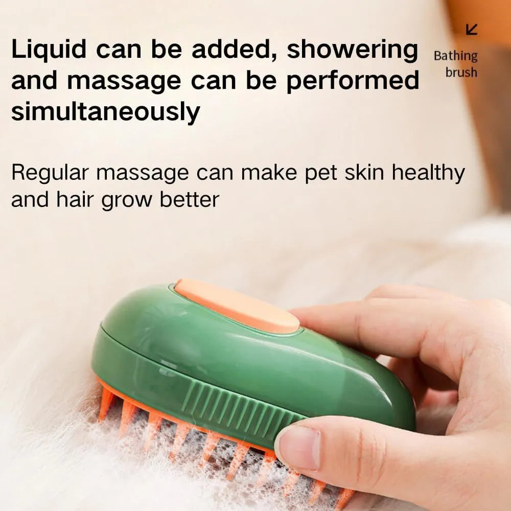 Green and white cat steam brush with water spray function and soft silicone teeth for pet grooming