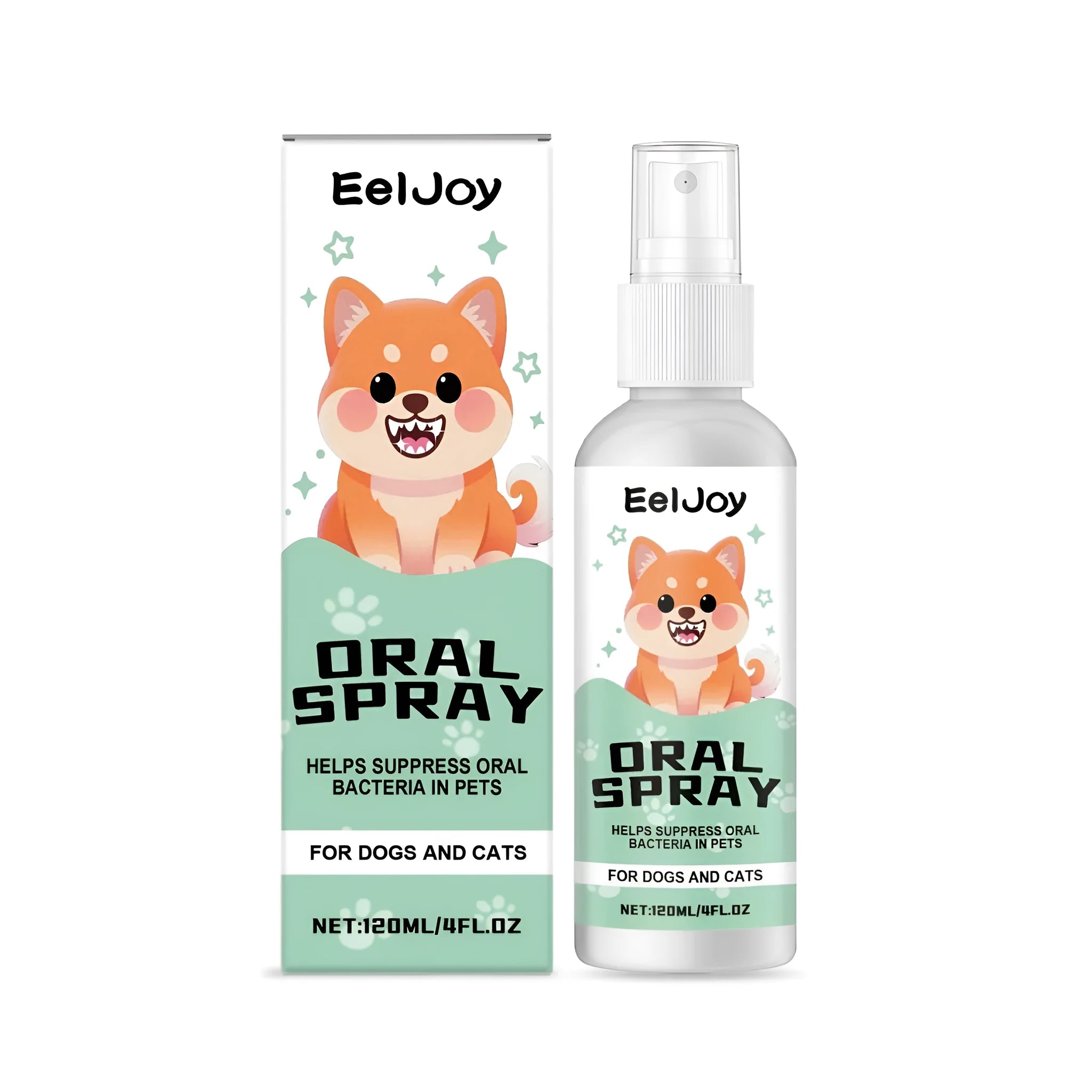 120ml bottle of pet oral spray for dogs and cats with chlorhexidine and mint extract.