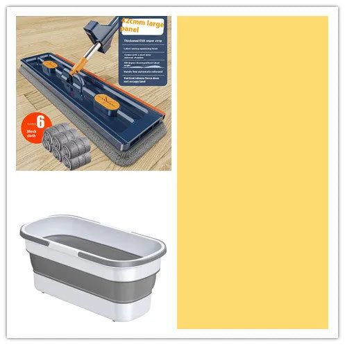 Large flat mop with long stainless steel handle and blue/white cloths on a hard floor.